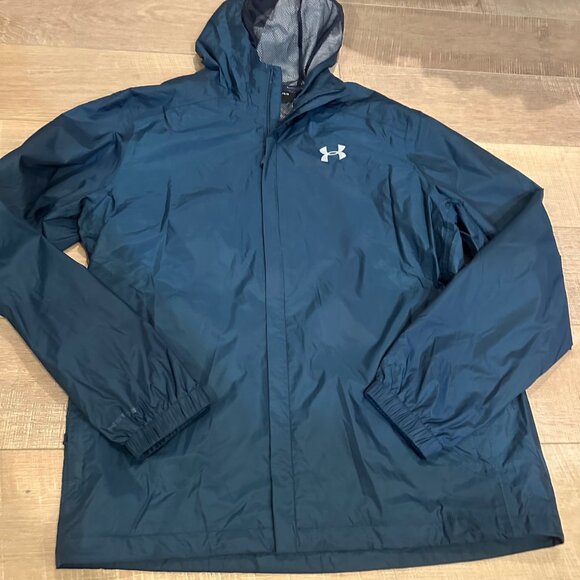 UNDER ARMOUR MENS LARGE BLUE HOODED RAIN JACKET COAT NWOT - Picture 2 of 9